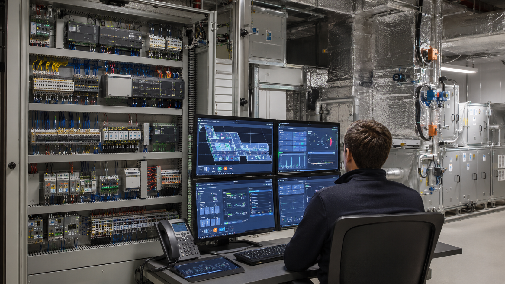 BMS head-end workstation and HVAC plant-room controllers.